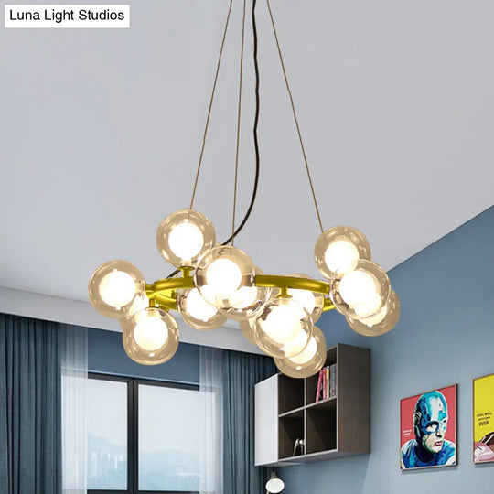 Modern Black/Gold Finish Glass 15/25-Bulb Global Shade Chandelier Lamp With Metal Ring - Ceiling