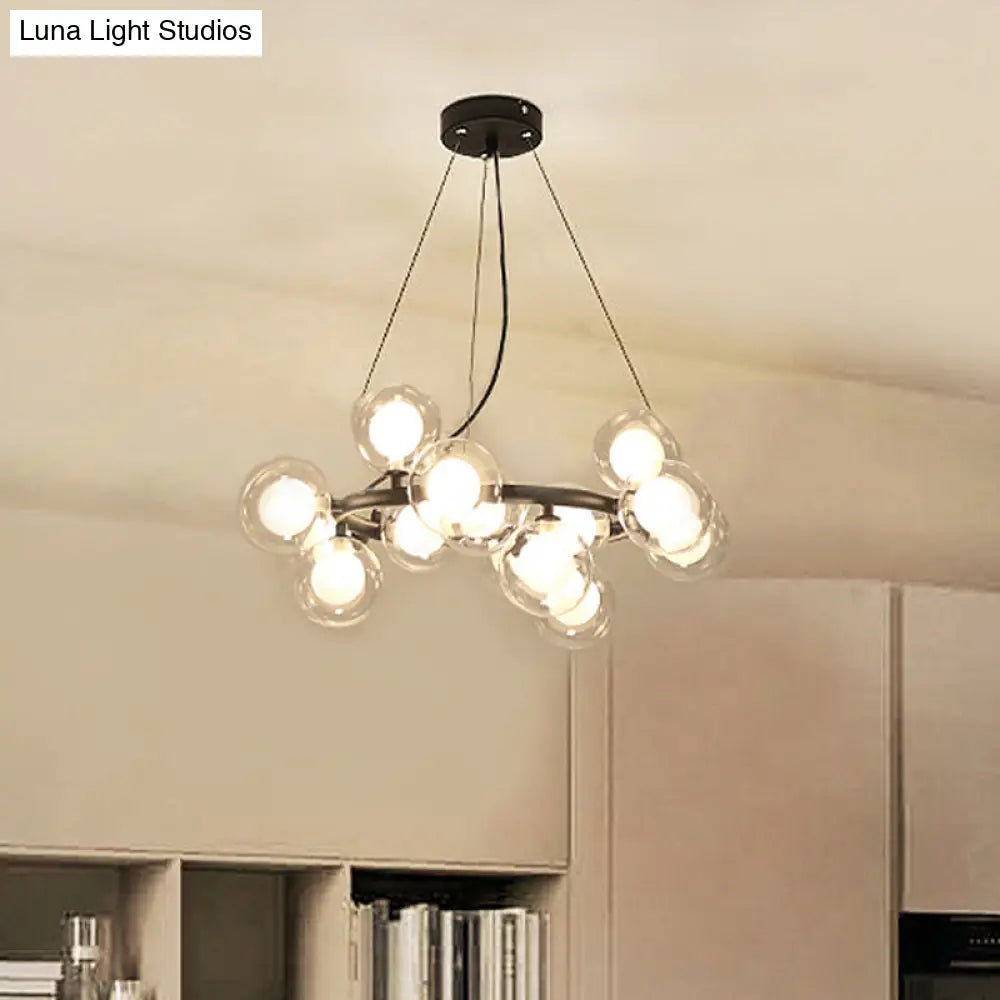 Modern Black/Gold Finish Glass 15/25-Bulb Global Shade Chandelier Lamp With Metal Ring - Ceiling