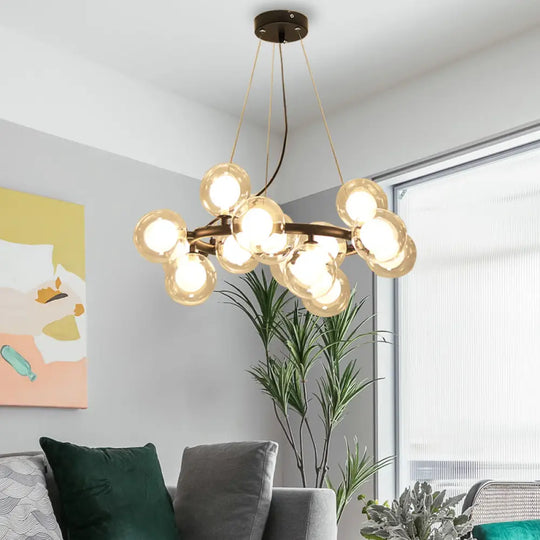 Modern Black/Gold Finish Glass 15/25-Bulb Global Shade Chandelier Lamp With Metal Ring - Ceiling