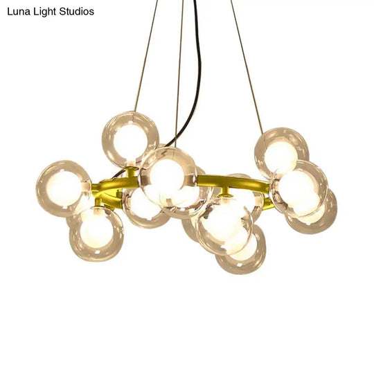 Modern Black/Gold Finish Glass 15/25-Bulb Global Shade Chandelier Lamp With Metal Ring - Ceiling