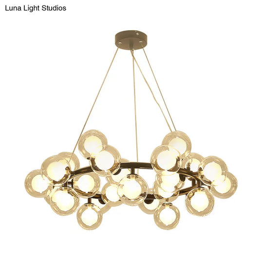 Modern Black/Gold Finish Glass 15/25-Bulb Global Shade Chandelier Lamp With Metal Ring - Ceiling