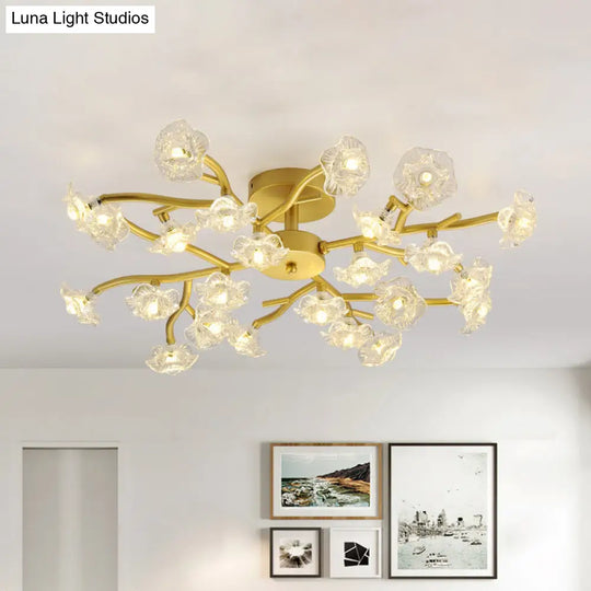Modern Black/Gold Flower Branch Semi Flush Mount Chandelier - 24 - Bulb Ceiling Light With