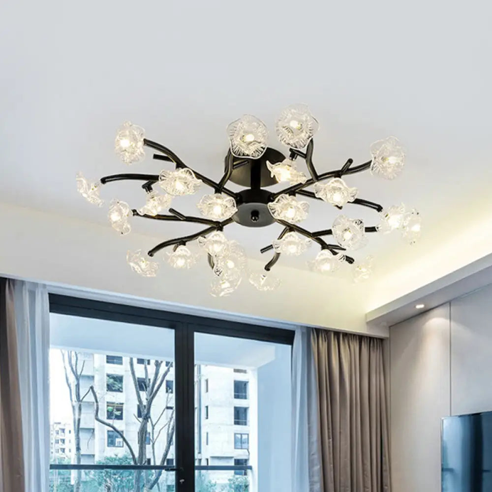 Modern Black/Gold Flower Branch Semi Flush Mount Chandelier - 24 - Bulb Ceiling Light With