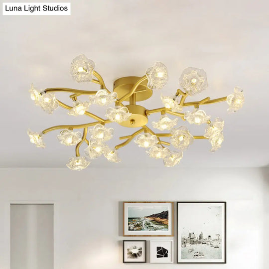 Modern Black/Gold Flower Branch Semi Flush Mount Chandelier - 24-Bulb Ceiling Light With Transparent