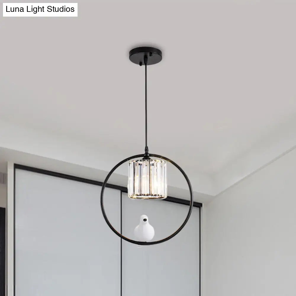 Black/Gold Hoop Pendulum Modern Pendant Light With Bird And Cylinder Crystal Shade