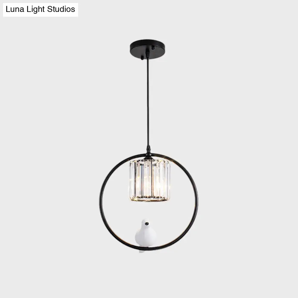 Black/Gold Hoop Pendulum Modern Pendant Light With Bird And Cylinder Crystal Shade