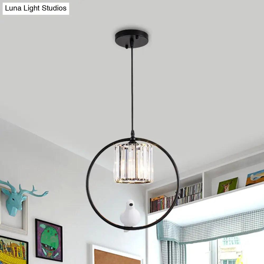 Black/Gold Hoop Pendulum Modern Pendant Light With Bird And Cylinder Crystal Shade Black