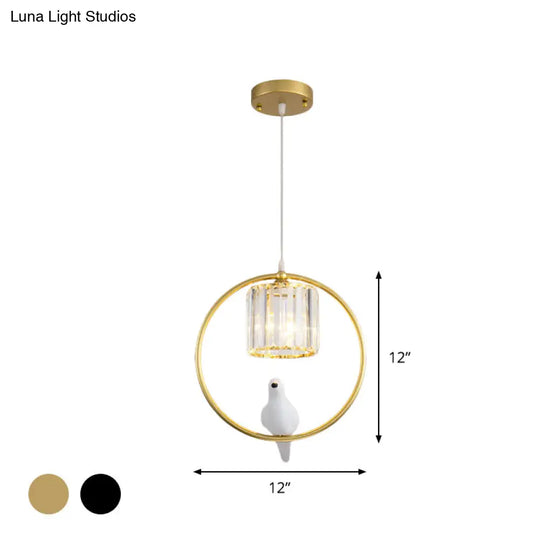 Black/Gold Hoop Pendulum Modern Pendant Light With Bird And Cylinder Crystal Shade