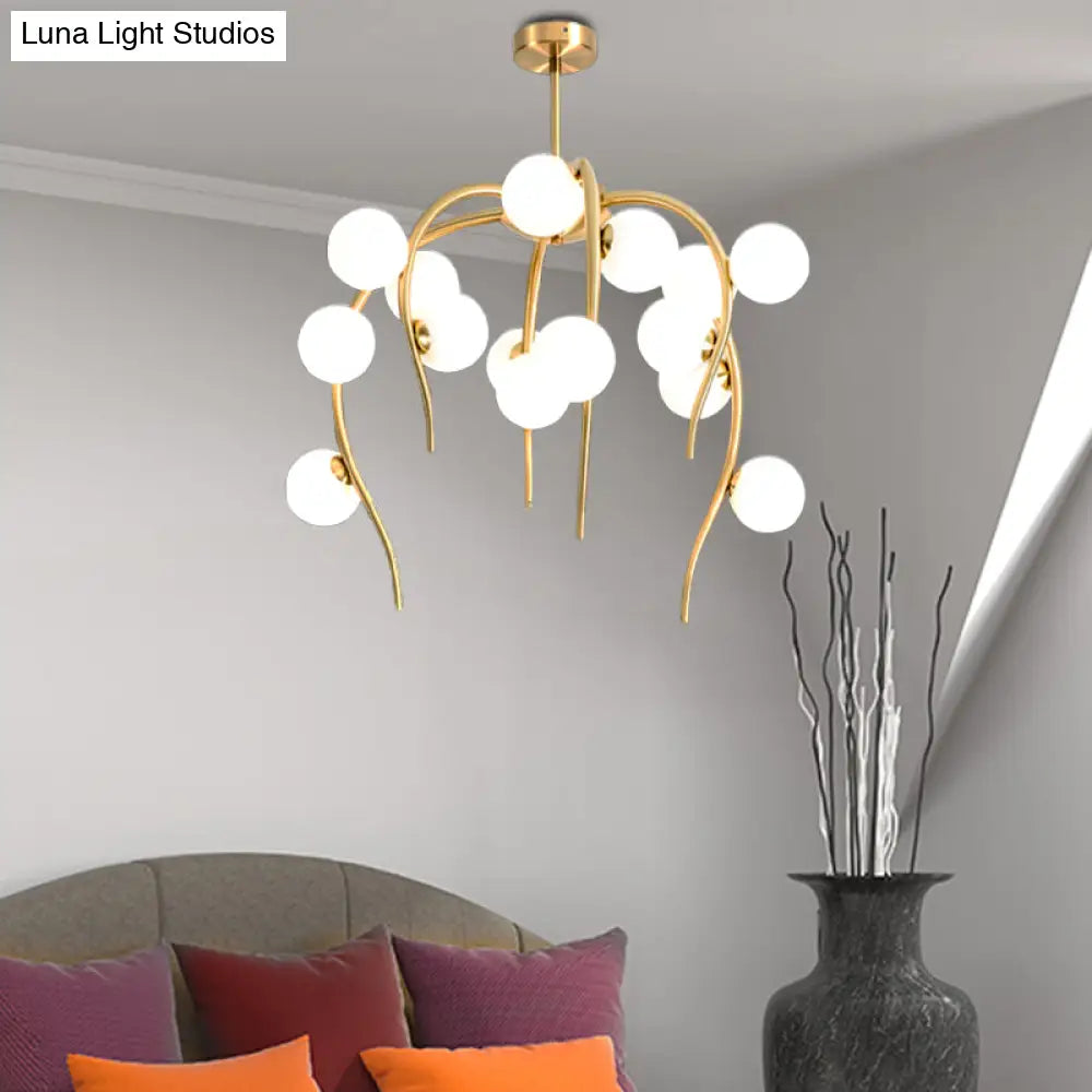 Modern Black/Gold Iron Branch Chandelier With Matte White Balls - 15/20-Light Dining Room Hanging