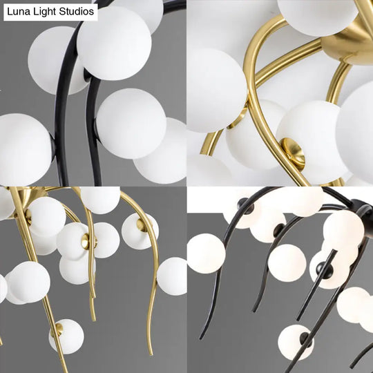 Modern Black/Gold Iron Chandelier With Matte White Balls - 15/20-Light Dining Room Hanging Lamp