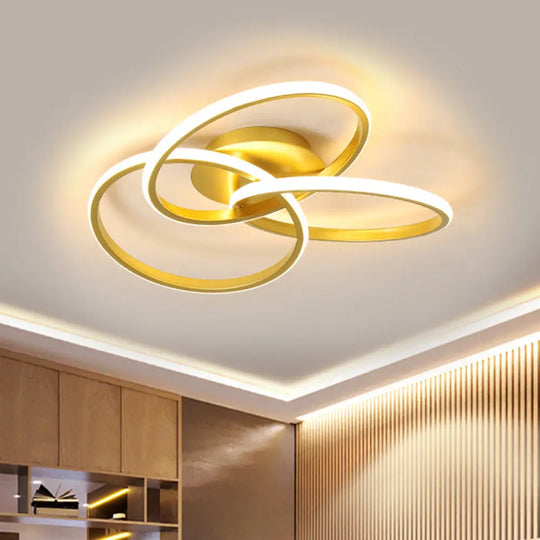 Modern Black/Gold Led Flush Ceiling Light With Metallic Interlocking Rings In Warm/White