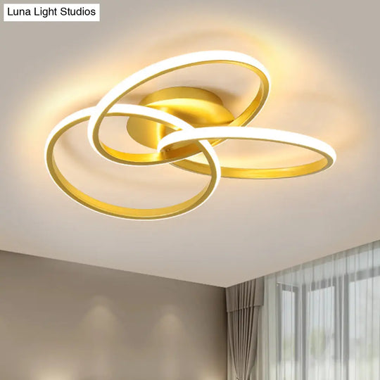 Modern Black/Gold Led Flush Ceiling Light With Metallic Interlocking Rings In Warm/White