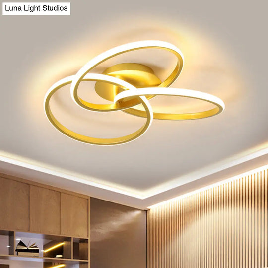 Modern Black/Gold Led Flush Ceiling Light With Metallic Interlocking Rings In Warm/White 16.5/20.5