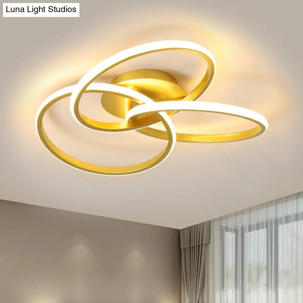 Modern Black/Gold Led Flush Ceiling Light With Metallic Interlocking Rings In Warm/White 16.5/20.5