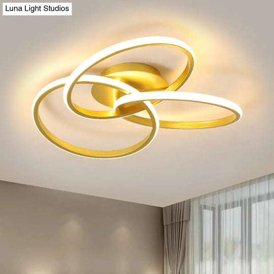 Modern Black/Gold Led Flush Ceiling Light With Metallic Interlocking Rings In Warm/White 16.5/20.5