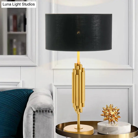 Modern Black & Gold Nightstand Lamp: Shaded Desk Light With Circular Metal Base