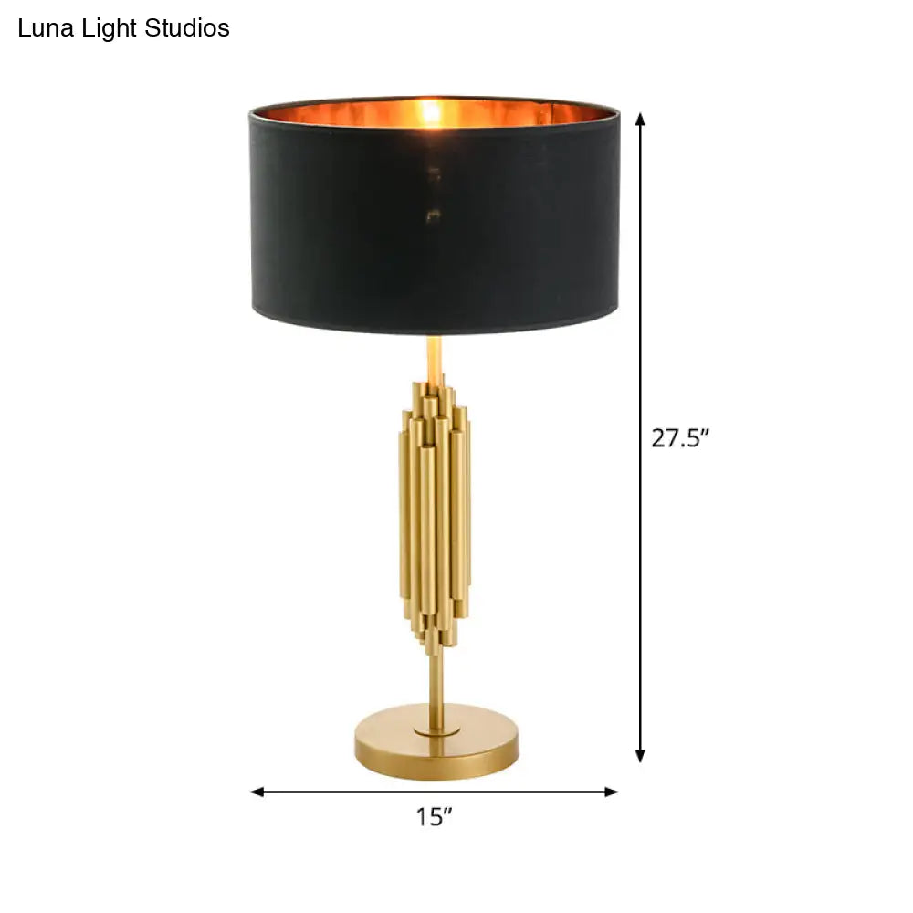 Modern Black & Gold Nightstand Lamp: Shaded Desk Light With Circular Metal Base