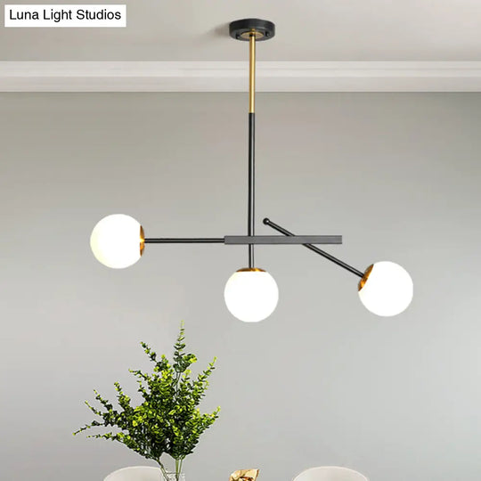 Modern Black-Gold Branching Pendant With Opal Glass Balls - 3-Light Chandelier