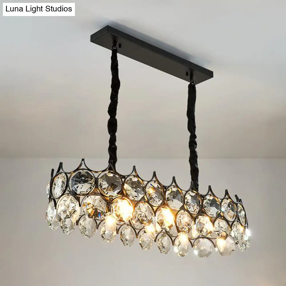 Modern Black/Gold Pendant Lighting Fixture With Crystal Prism Shade - 8-Bulb Dining Room Island