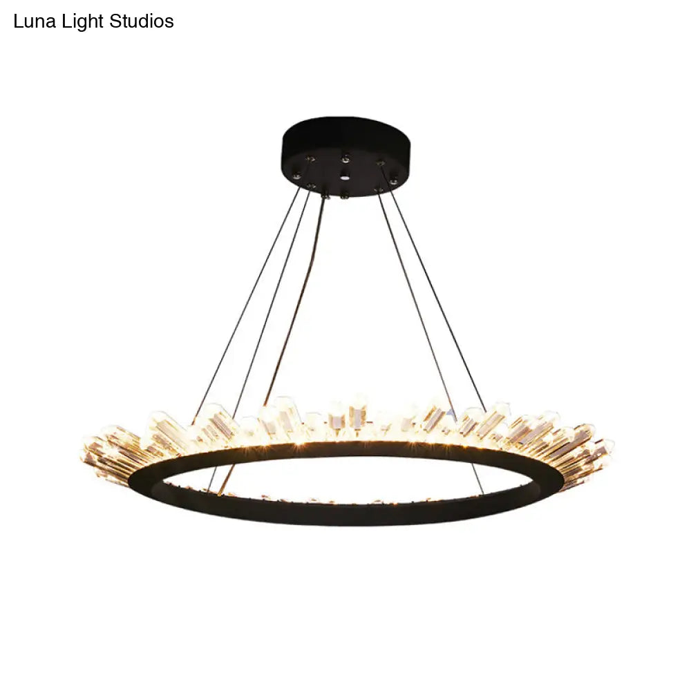 Modern Black/Gold Ring Pendant Chandelier With Crystal Accents - Led Light In White/Warm Living Room