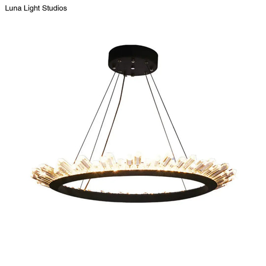 Modern Black/Gold Ring Pendant Chandelier With Crystal Accents - Led Light In White/Warm Living Room