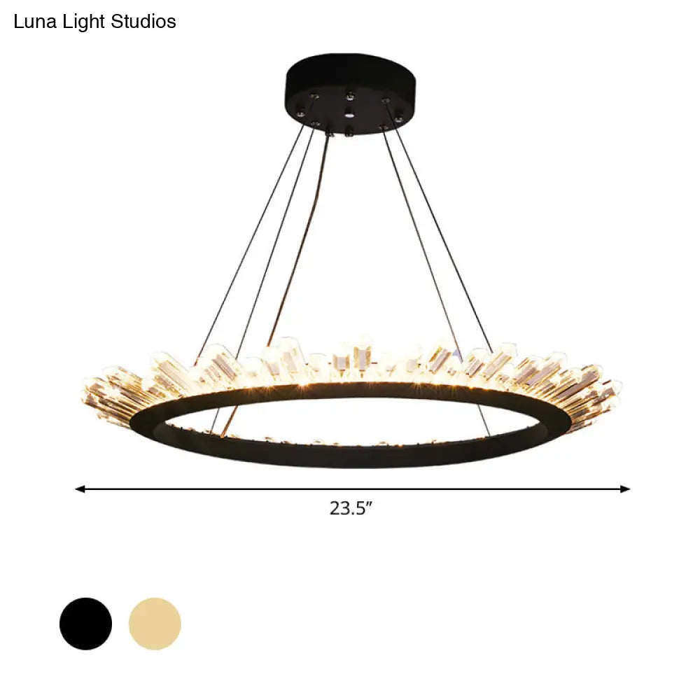 Modern Black/Gold Ring Pendant Chandelier With Crystal Accents - Led Light In White/Warm Living Room