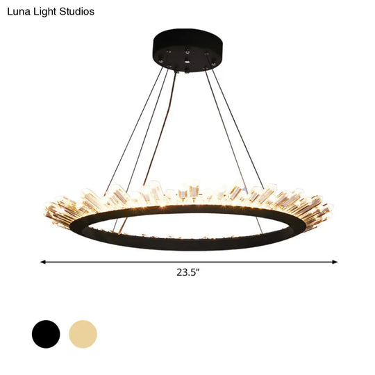 Modern Black/Gold Ring Pendant Chandelier With Crystal Accents - Led Light In White/Warm Living Room