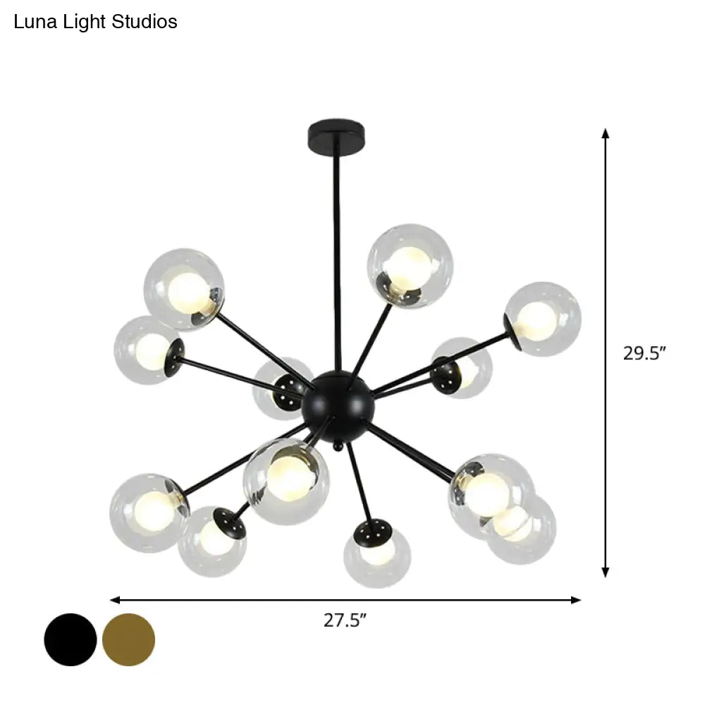 Modern Black/Gold Sputnik Hanging Light Fixture With Glass Shades - 12/18 Heads Ceiling Lamp