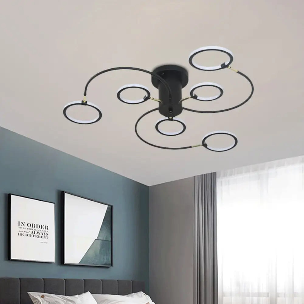 Modern Black/Gold Swirl Semi Flush Mount Led Ceiling Fixture With Rings - Bedroom Lighting Black