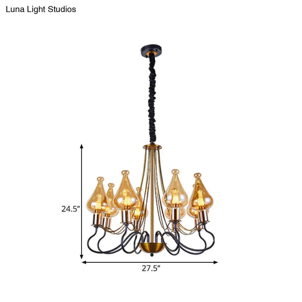 Modern Black-Gold Teardrop Chandelier With Amber Glass - 5/8 Lights Perfect For Dining Room