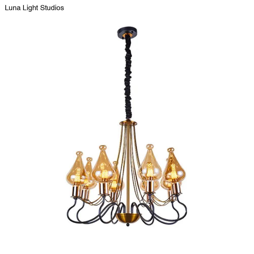 Black-Gold Teardrop Chandelier Lamp - Modern 5 Lights Amber Glass Suspension Lighting For Dining