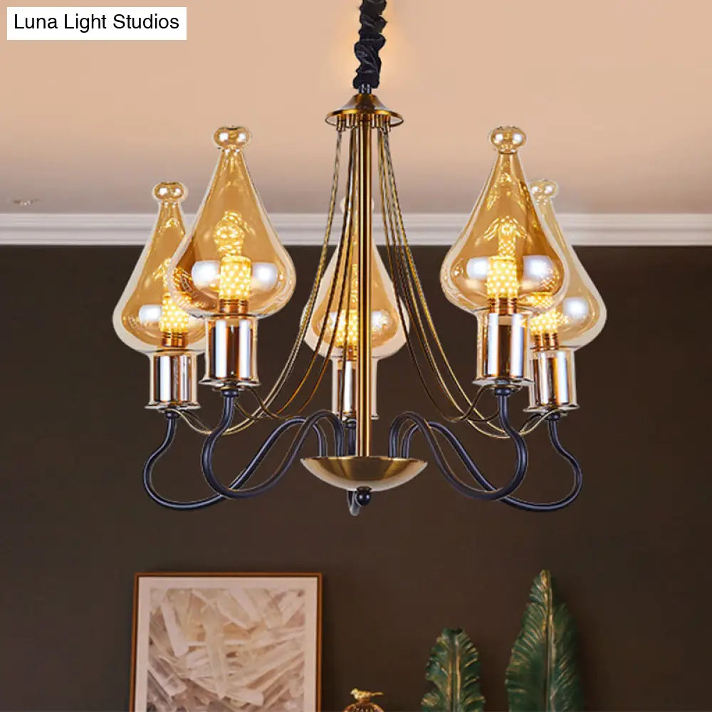 Black-Gold Teardrop Chandelier Lamp - Modern 5 Lights Amber Glass Suspension Lighting For Dining