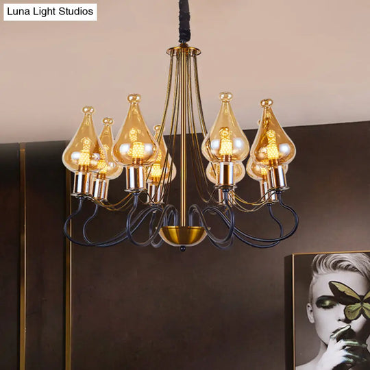 Black-Gold Teardrop Chandelier Lamp - Modern 5 Lights Amber Glass Suspension Lighting For Dining