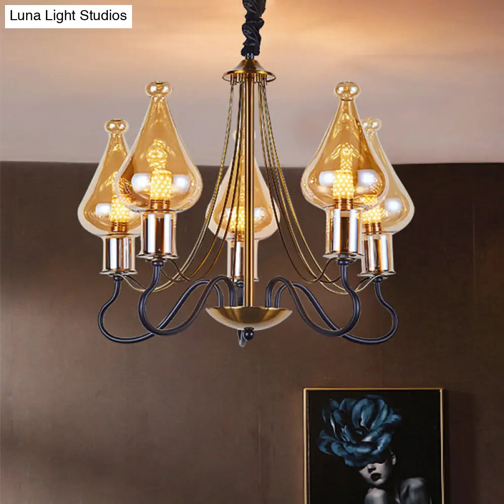 Black-Gold Teardrop Chandelier Lamp - Modern 5 Lights Amber Glass Suspension Lighting For Dining