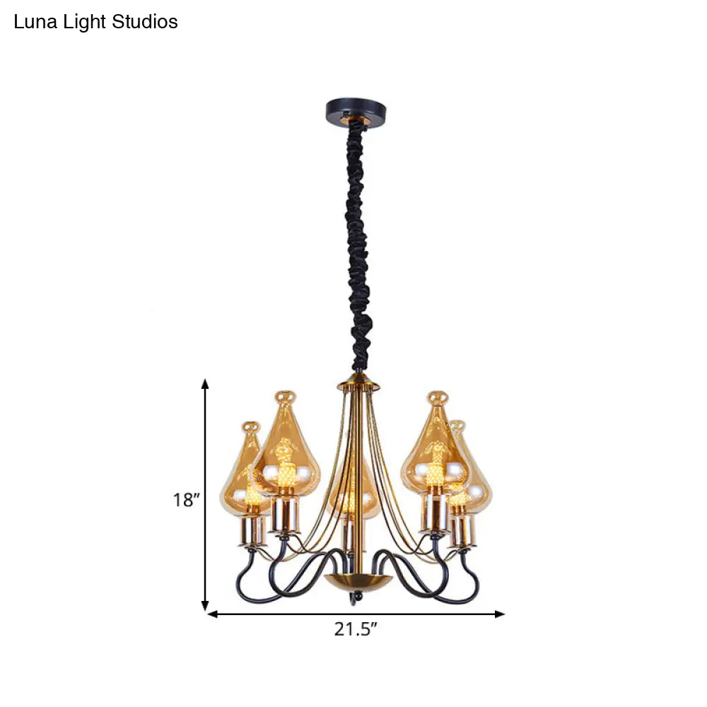 Black-Gold Teardrop Chandelier Lamp - Modern 5 Lights Amber Glass Suspension Lighting For Dining