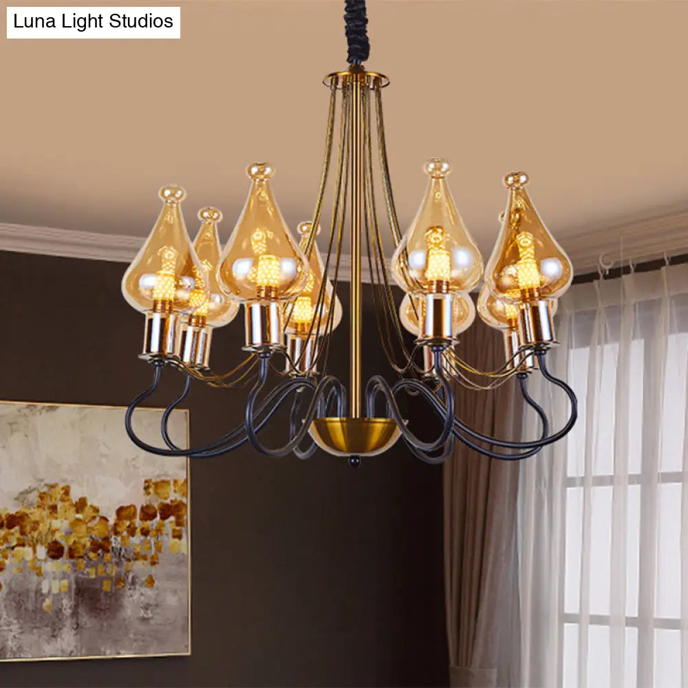 Modern Black-Gold Teardrop Chandelier With Amber Glass - 5/8 Lights Perfect For Dining Room