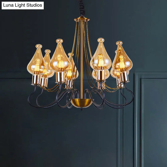 Black-Gold Teardrop Chandelier Lamp - Modern 5 Lights Amber Glass Suspension Lighting For Dining