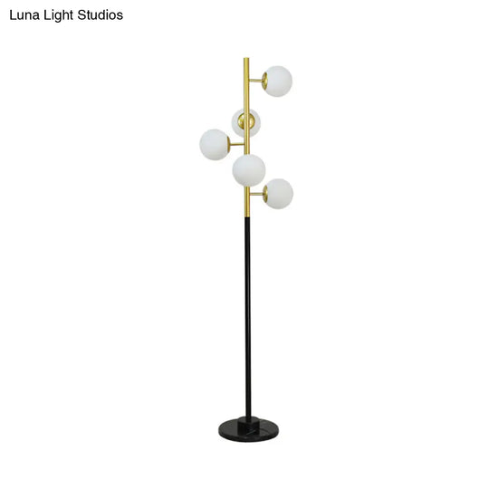 Modern Black-Gold Tree Floor Lamp With 5-Bulb Metal Stand And Beige/Milk White Glass Shade