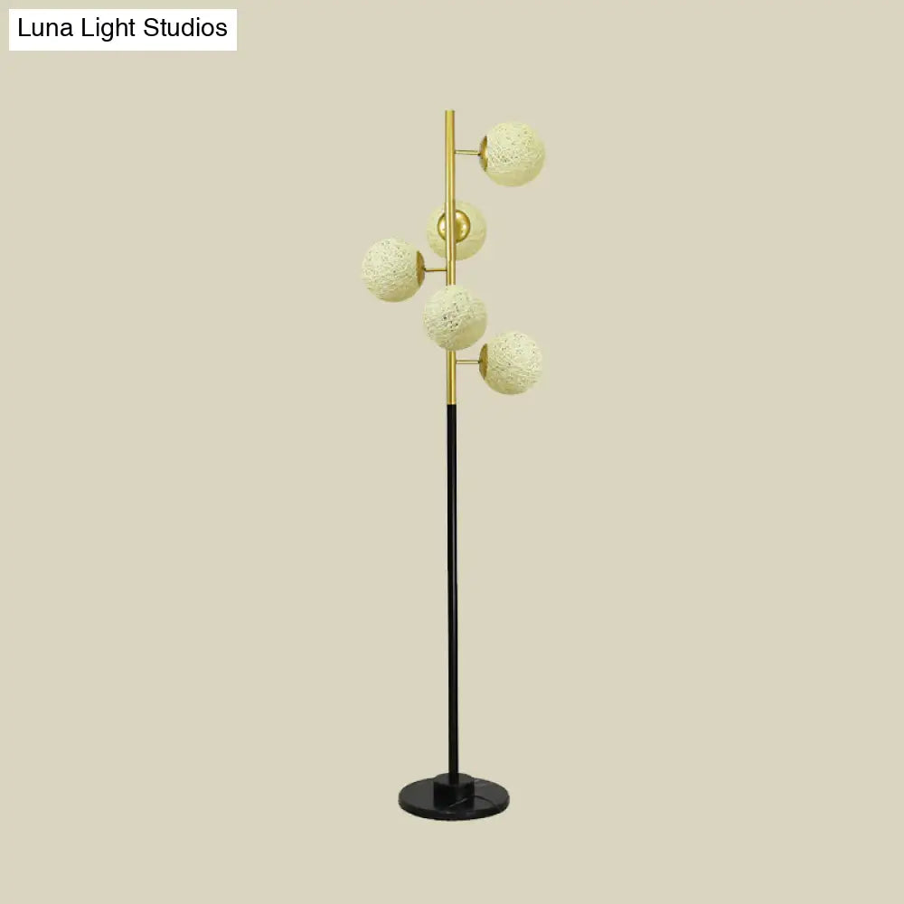 Modern Black-Gold Tree Floor Lamp With 5-Bulb Metal Stand And Beige/Milk White Glass Shade