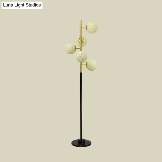 Modern Black-Gold Tree Floor Lamp With 5-Bulb Metal Stand And Beige/Milk White Glass Shade