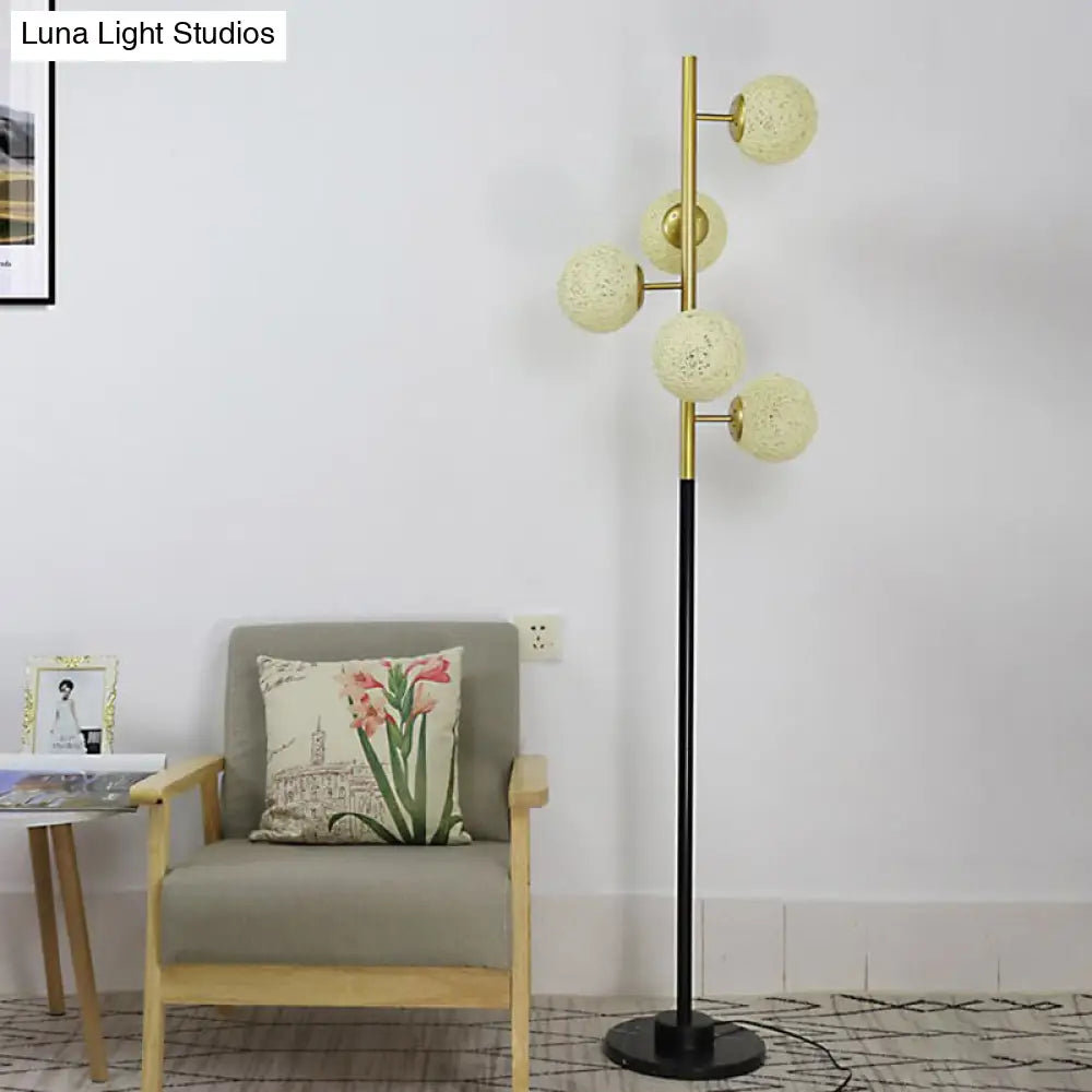 Modern Black-Gold Tree Floor Lamp With 5-Bulb Metal Stand And Beige/Milk White Glass Shade