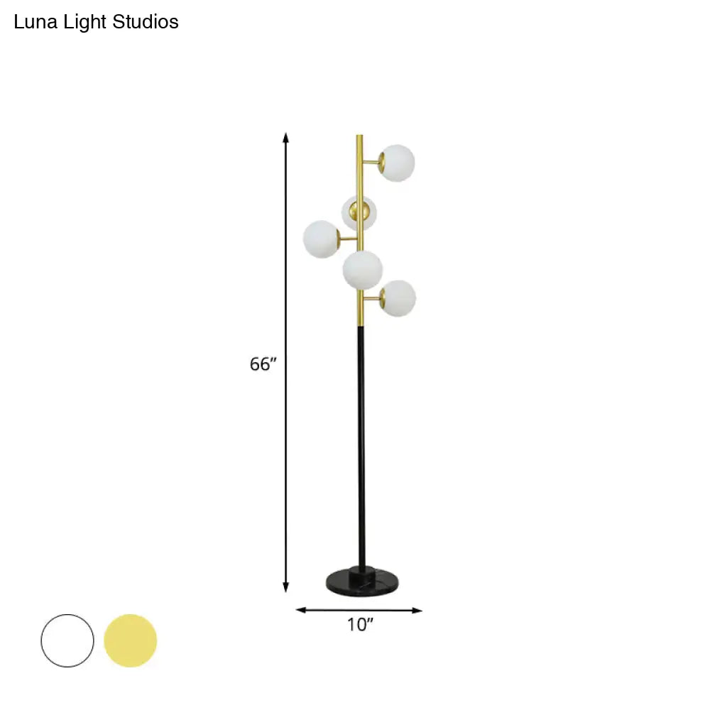 Modern Black-Gold Tree Floor Lamp With 5-Bulb Metal Stand And Beige/Milk White Glass Shade