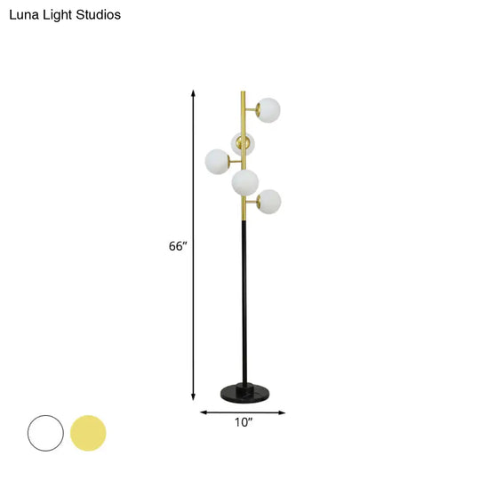 Modern Black-Gold Tree Floor Lamp With 5-Bulb Metal Stand And Beige/Milk White Glass Shade