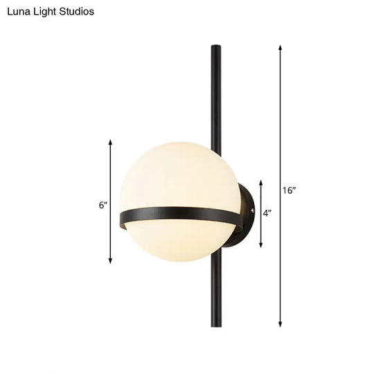 Modern Black/Gold Vertical Wall Sconce With Orbit Opal Glass Shade - 1 Head Metal Lamp 6/8 Width