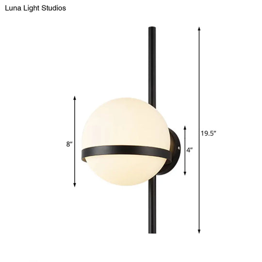 Modern Black/Gold Vertical Wall Sconce With Orbit Opal Glass Shade - 1 Head Metal Lamp 6/8 Width