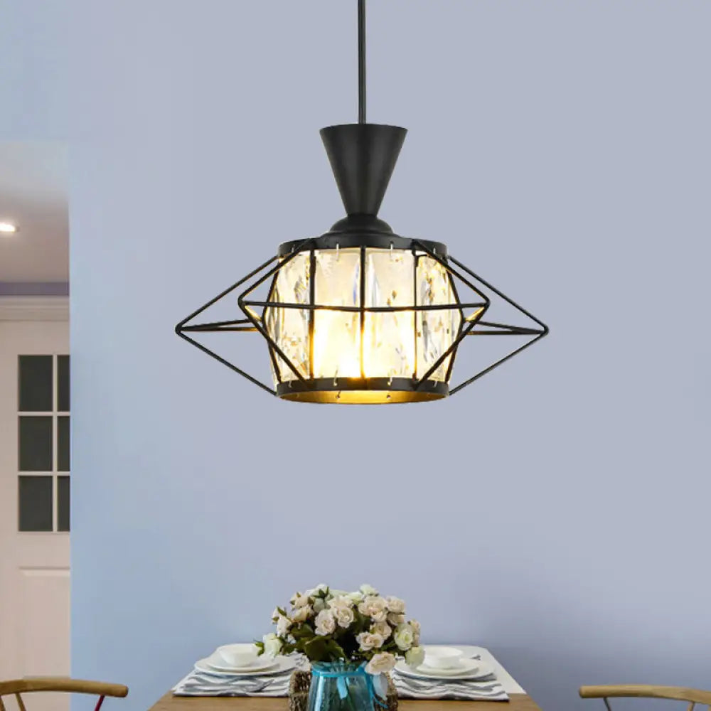 Modern Black/Gold Wire Cage Pendant Light With Crystal Drum Shade - Ideal For Dining Rooms Black