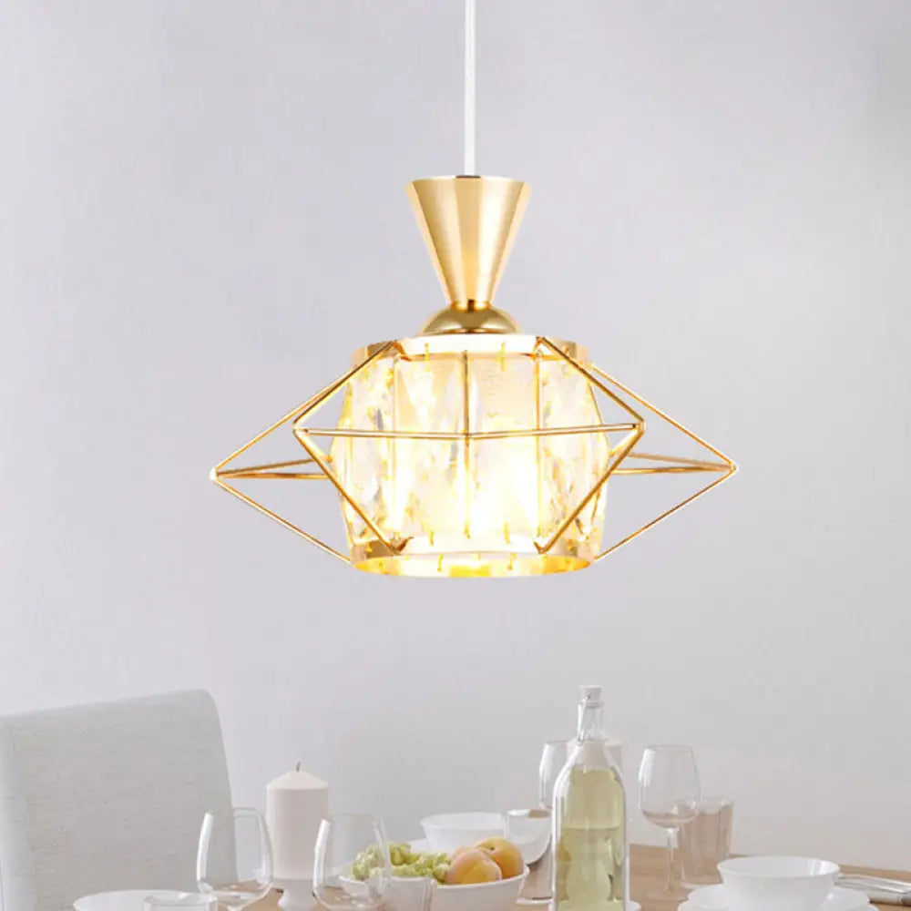 Modern Black/Gold Wire Cage Pendant Light With Crystal Drum Shade - Ideal For Dining Rooms Gold