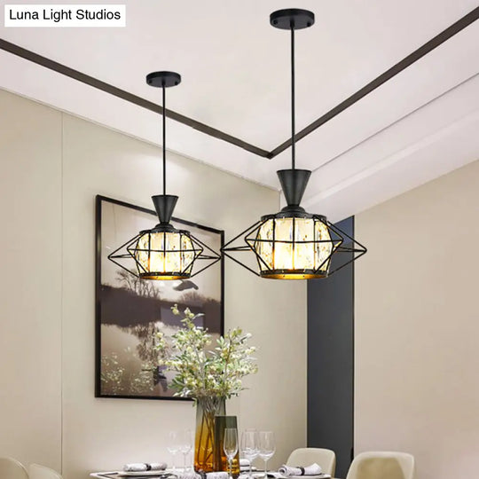 Modern Black/Gold Wire Cage Pendant Light With Crystal Drum Shade - Ideal For Dining Rooms