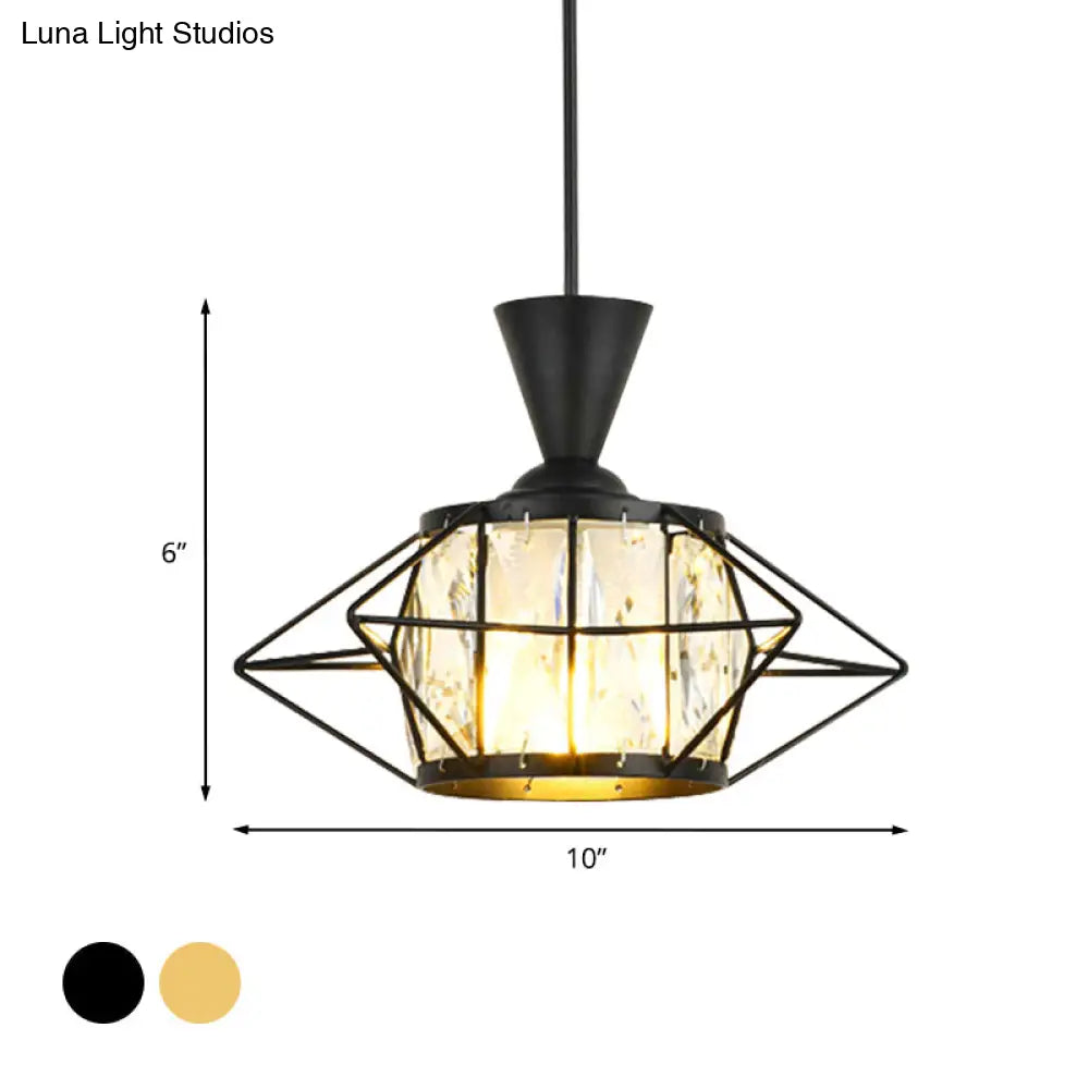 Modern Black/Gold Wire Cage Pendant Light With Crystal Drum Shade - Ideal For Dining Rooms