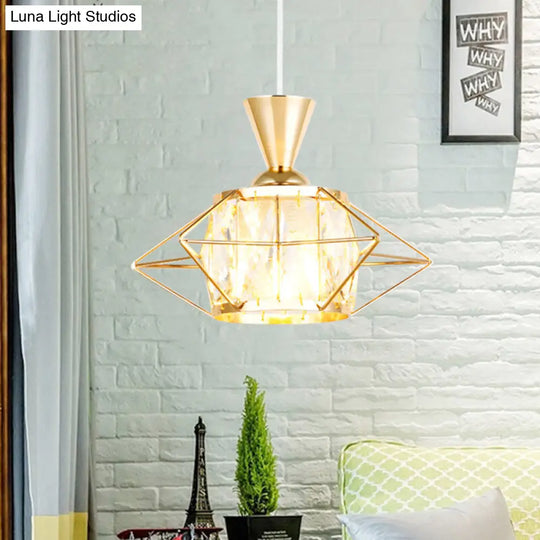 Modern Metal Wire Cage Pendant Light With Crystal Drum Shade - Black/Gold
